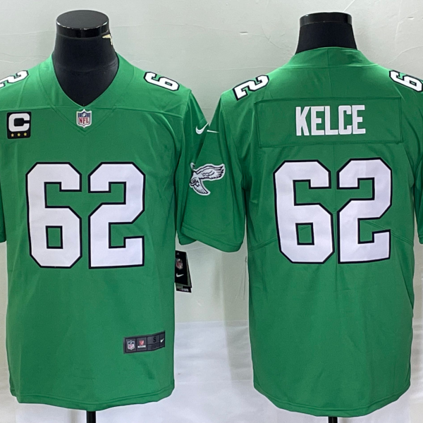 Men’s Philadelphia Eagles #62 Jason Kelce Green C Patch 2023 Vapor Limited Throwback Jersey