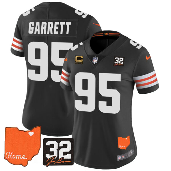 Women’s Browns #32 Jim Brown Memorial & Home Patch Vapor Limited Jersey – All Stitched Black Myles Garrett Jersey