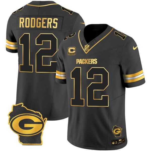 Men’s Packers Home Patch Gold Vapor Jersey – All Stitched – Black Gold – Aaron Rodgers