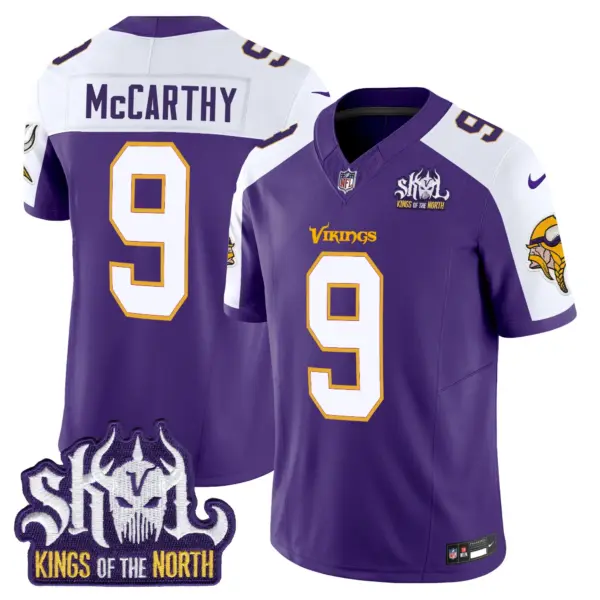 Mens Minnesota Vikings King Of The North Patch Throwback Vapor Limited Jersey V2 JJ Mccarthy Jersey Purple Alternate