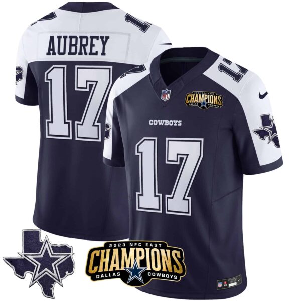 Men’s Cowboys 2023 NFC East Champions Patch Vapor Jersey – All Stitched – Alternate Navy – Brandon Aubrey