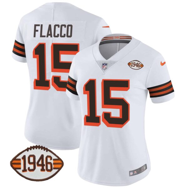 Women’s Browns 1946 75th Anniversary Patch Jersey – All Stitched – 1946 White – Joe Flacco