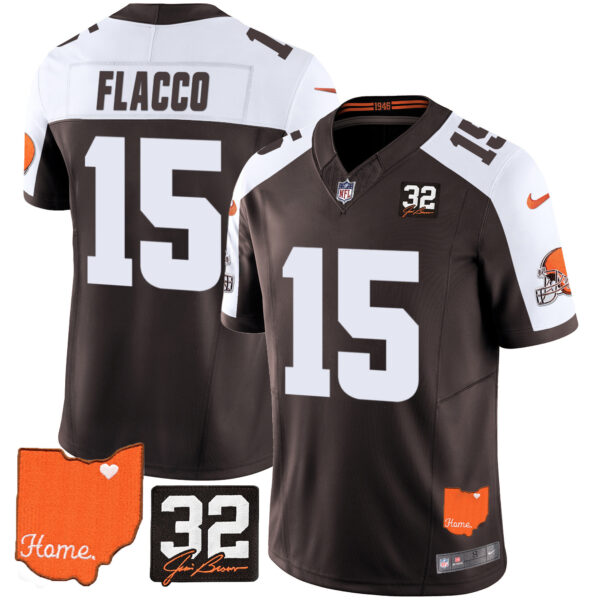 Men’s Browns #32 Jim Brown Memorial & Home Patch Vapor Limited Jersey – All Stitched Alternate Joe Flacco Jersey