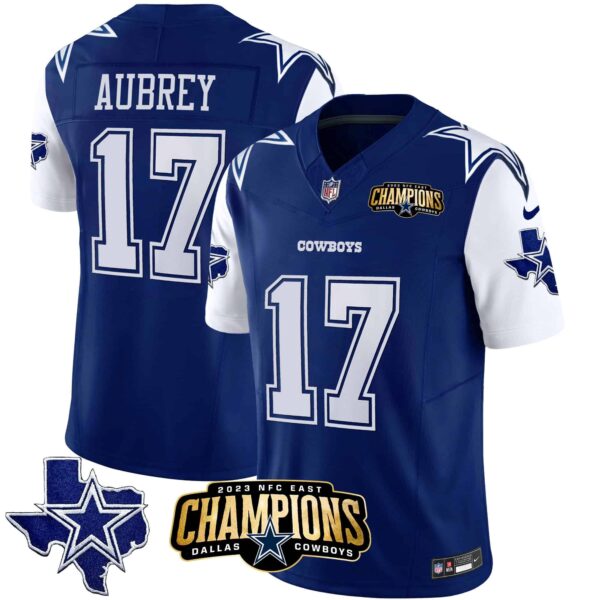 Men’s Cowboys 2023 NFC East Champions Patch Vapor Jersey – All Stitched – Royal – Brandon Aubrey