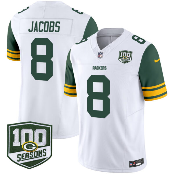 Men’s Green Bay Packers Throwback 100th Season Patch Vapor Limited Jersey – All Stitched – White – Josh Jacobs