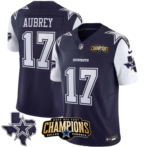 Men’s Cowboys 2023 NFC East Champions Patch Vapor Jersey – All Stitched – Navy – Brandon Aubrey