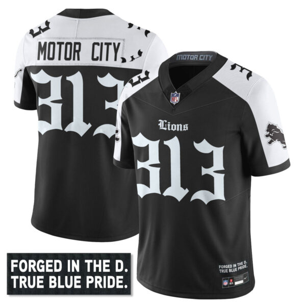Detroit Lions ‘Gothic Motor City Edition’ Vapor Limited Jersey – All Stitched – Black Alternate – Motor City – 313 Jersey