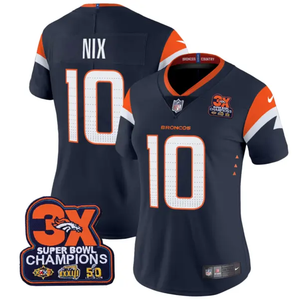 Womens Denver Broncos 3 Time Champions Patch Vapor Limited Jersey Bo Nix Jersey Navy