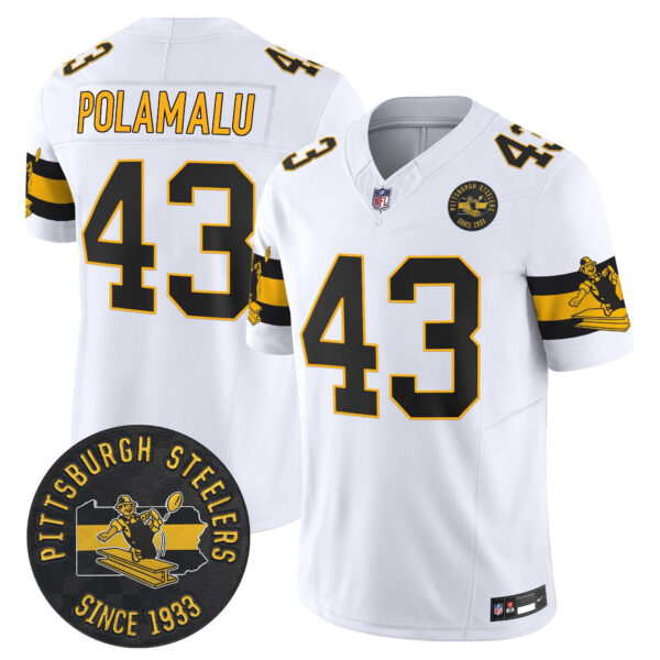 Pittsburgh Steelers Throwback 1933 Patch Vapor Limited Jersey – All Stitched – White – Troy Polamalu Jersey