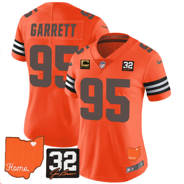 Women’s Browns #32 Jim Brown Memorial & Home Patch Vapor Limited Jersey – All Stitched Orange Myles Garrett Jersey