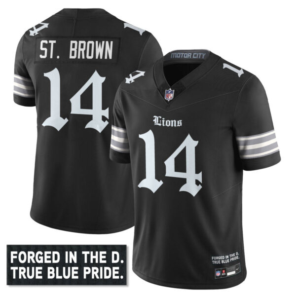 Detroit Lions ‘Gothic Motor City Edition’ Vapor Limited Jersey – All Stitched – Black – Amon-Ra St. Brown -14 Jersey