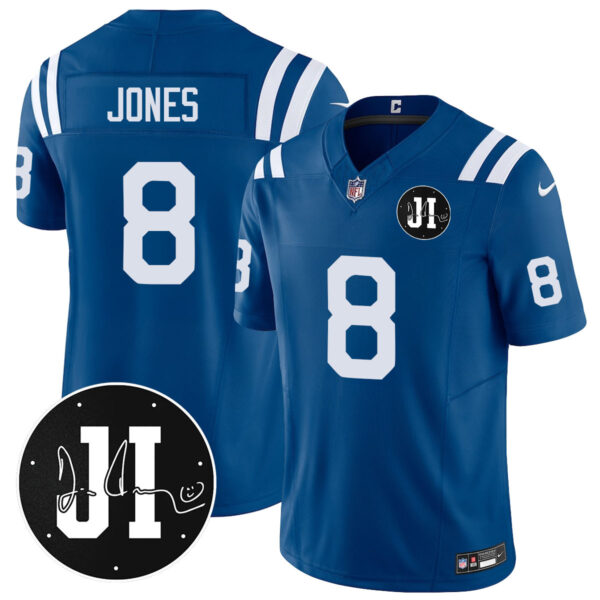 Men’s Indianapolis Colts Limited 2025 Jersey – Memorial Patch for Jim Irsay – All Stitched Royal Daniel Jones – 8 Jersey