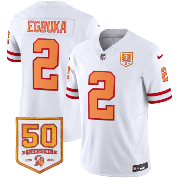 Men’s Tampa Bay Buccaneers Throwback 50th Season Patch Vapor Limited Jersey – All Stitched White Emeka Egbuka Jersey