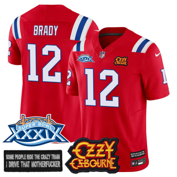 New England Patriots Ozzy Osbourne Jersey – Memories Super Bowl XXXIX – All Stitched – Red – Tom Brady – 12 Jersey