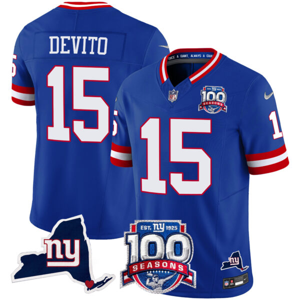 Men’s New York Giants 100th Season & State Patch Vapor Limited Jersey – All Stitched Royal Tommy DeVito Jersey