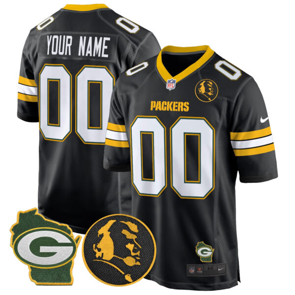 Packers John Madden & Home Patch Game Custom Jersey – All Stitched – Black Jersey