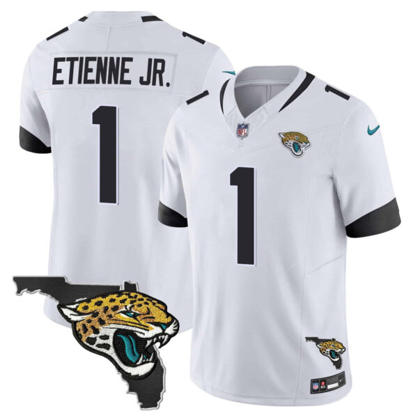 Men’s Jacksonville Jaguars Florida Patch Vapor Jersey – All Stitched – White – Travis Etienne Jr.