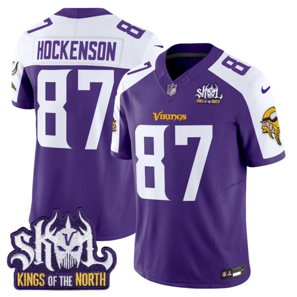 Minnesota Vikings King Of The North Patch Vapor Limited Jersey V2 – All Stitched – Purple Alternate – T.J. Hockenson Jersey
