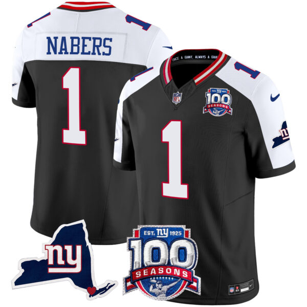 Men’s New York Giants 100th Season & State Patch Vapor Limited Jersey – All Stitched Black Alternate Malik Nabers Jersey