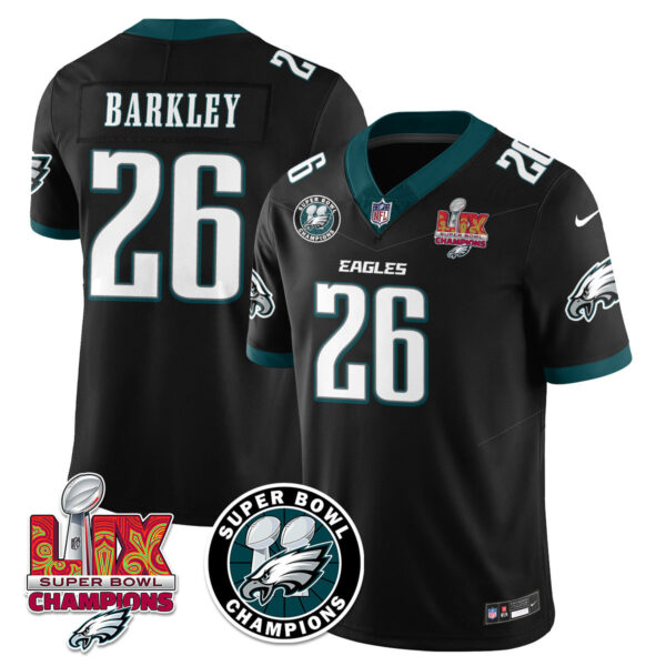 Philadelphia Eagles Super Bowl LIX Champions Jersey – All Stitched – Black – Saquon Barkley – 26 Jersey