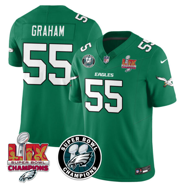 Philadelphia Eagles Super Bowl LIX Champions Jersey – All Stitched – Kelly Green – Brandon Graham – 55 Jersey