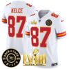 Men’s Chiefs Super Bowl LVIII & Back 2 Back Patch Vapor Jersey V3 – All Stitched – White – Travis Kelce