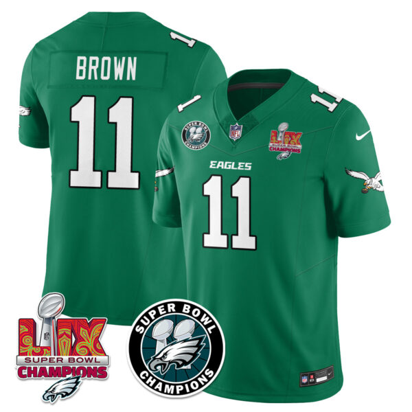 Men’s Philadelphia Eagles Super Bowl LIX Champions Jersey – All Stitched Kelly Green A. J. Brown – 11 Jersey