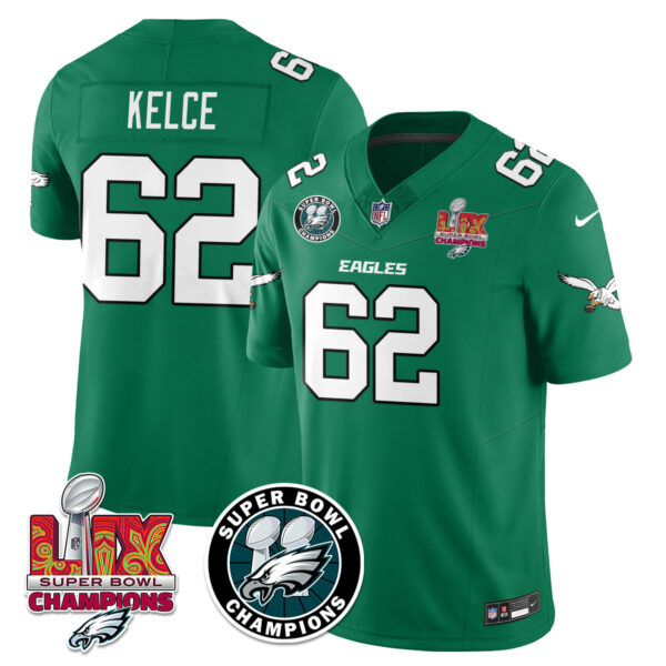 Men’s Philadelphia Eagles Super Bowl LIX Champions Jersey – All Stitched Kelly Green Jason Kelce – 62 Jersey