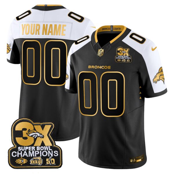 Denver Broncos 3-Time Champions Patch Gold Vapor Limited Custom Jersey – All Stitched – Men – Alternate Jersey