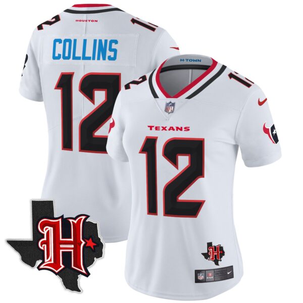 Women’s Houston Texans 2024 Texas Patch Vapor Limited Jersey V5 – All Stitched – White – Nico Collins Jersey