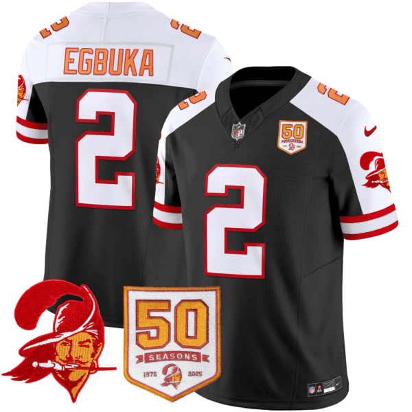 Men’s Tampa Bay Buccaneers Throwback 50th Season Patch Vapor Limited Jersey – All Stitched Black Aternate Emeka Egbuka Jersey