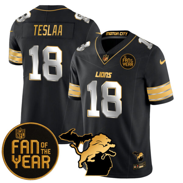 Detroit Lions Fan Of The Year Jersey – All Stitched – Black Gold – Isaac TeSlaa – 18 Jersey