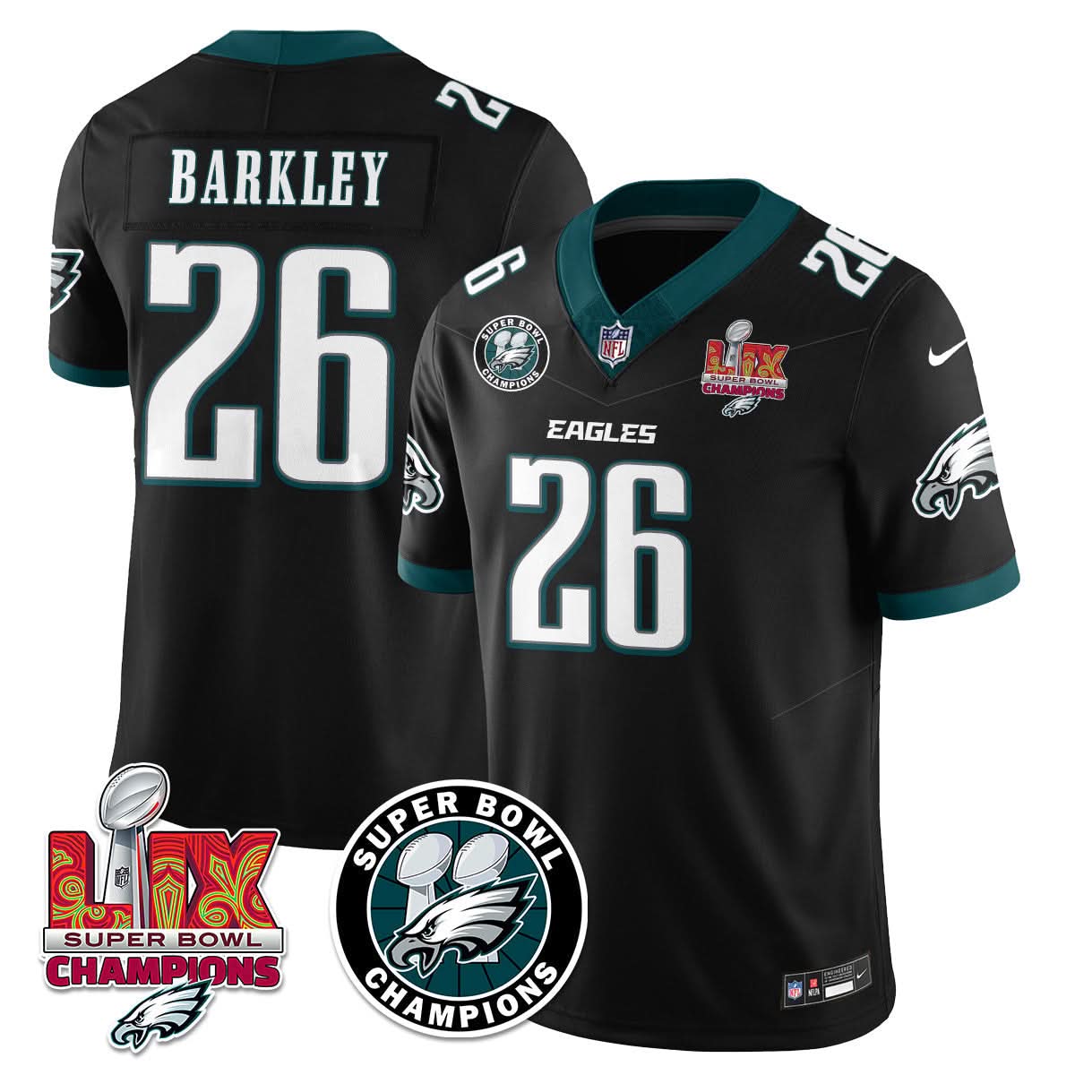 Philadelphia Eagles Super Bowl LIX Champions Jersey – All Stitched – Black – Saquon Barkley – 26 Jersey