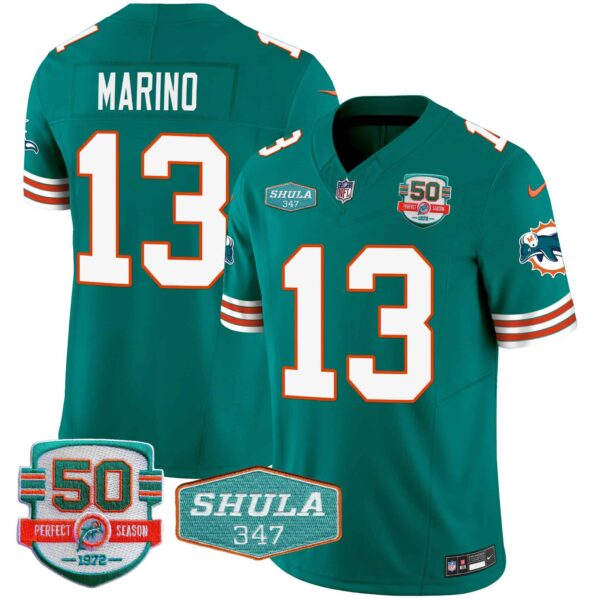 Men’s Dolphins Throwback Shula 347 Patch Vapor Jersey – All Stitched – Aqua – Dan Marino