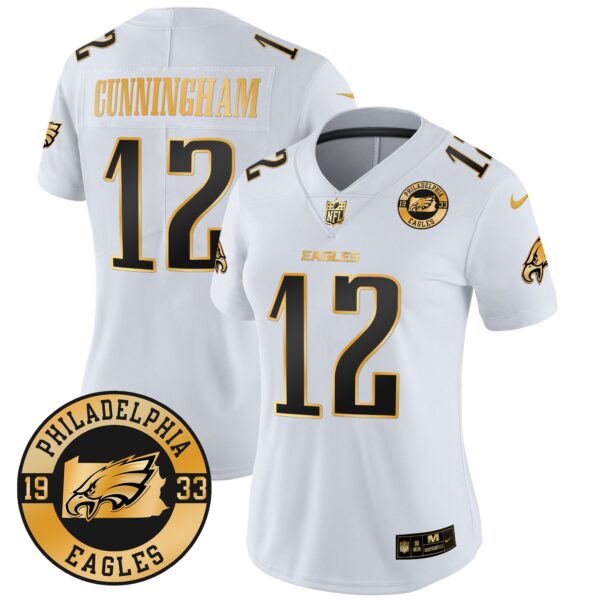 WoEagles 2024 Gold Vapor Limited Jersey – Est. 1933 Patch – All Stitched – White Gold – Randall Cunningham Jersey