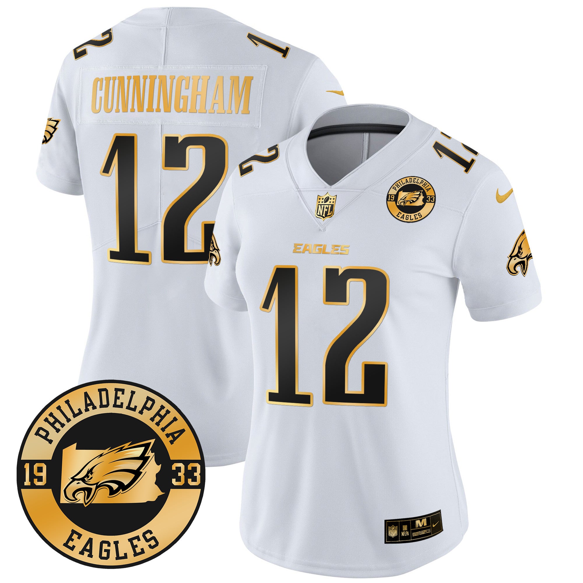 WoEagles 2024 Gold Vapor Limited Jersey – Est. 1933 Patch – All Stitched – White Gold – Randall Cunningham Jersey