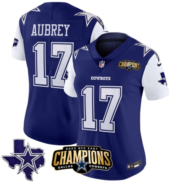 Women’s Cowboys 2023 NFC East Champions Patch Vapor Jersey – All Stitched – Royal – Brandon Aubrey