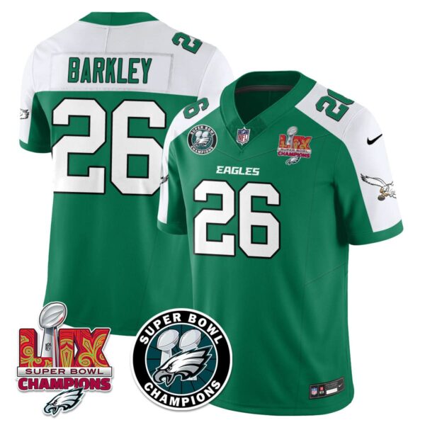 Philadelphia Eagles Super Bowl LIX Champions Jersey – All Stitched – Alternate Kelly Green – Saquon Barkley – 26 Jersey