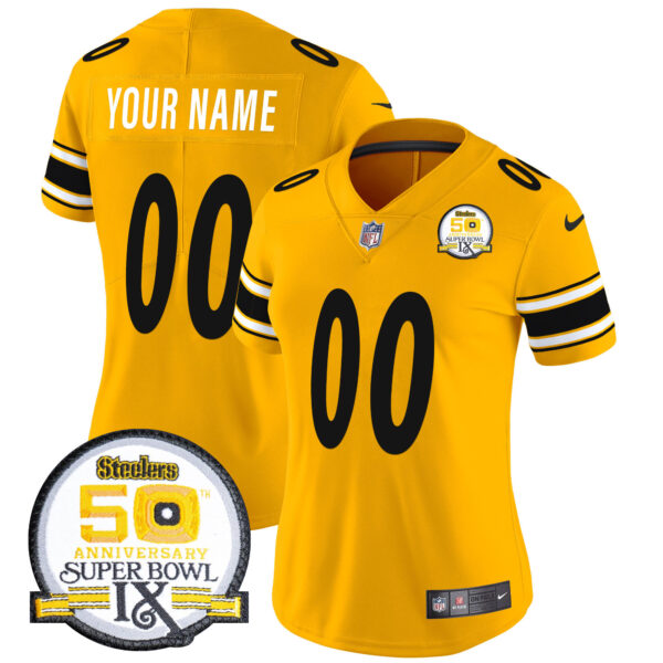 Steelers 50th Anniversary Of Super Bowl IX Patch Vapor Limited Custom Jersey – All Stitched Women Gold Jersey