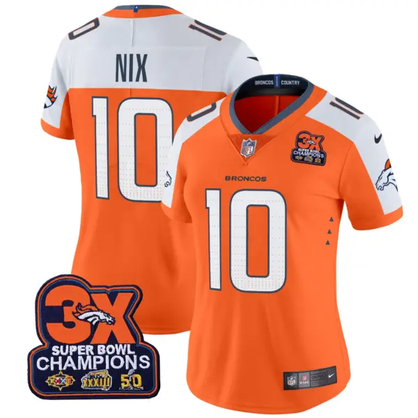 Womens Denver Broncos 3 Time Champions Patch Vapor Limited Jersey Bo Nix Jersey Orange Alternate