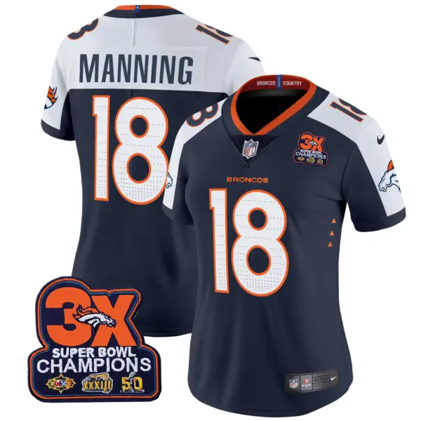 Womens Denver Broncos 3 Time Champions Patch Vapor Limited Jersey Peyton Manning Jersey Navy Alternate