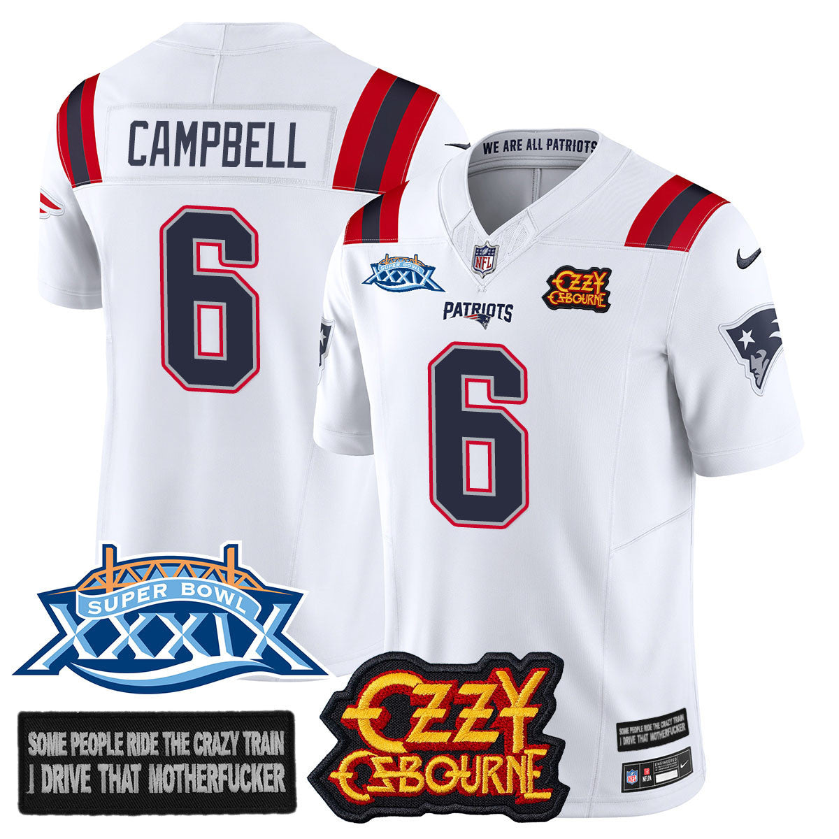 New England Patriots Ozzy Osbourne Jersey – Memories Super Bowl XXXIX – All Stitched – White – Will Campbell – 6 Jersey