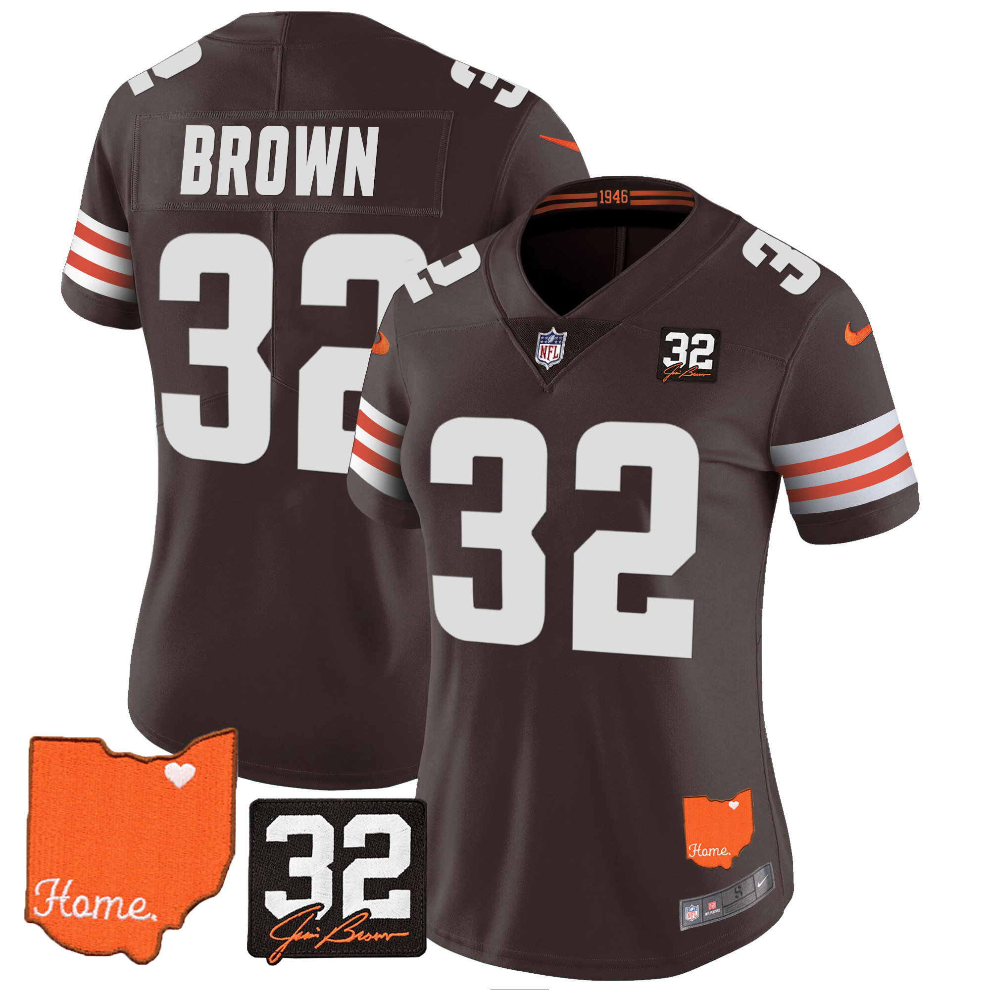 Women’s Browns #32 Jim Brown Memorial & Home Patch Vapor Limited Jersey – All Stitched Brown Jim Brown Jersey