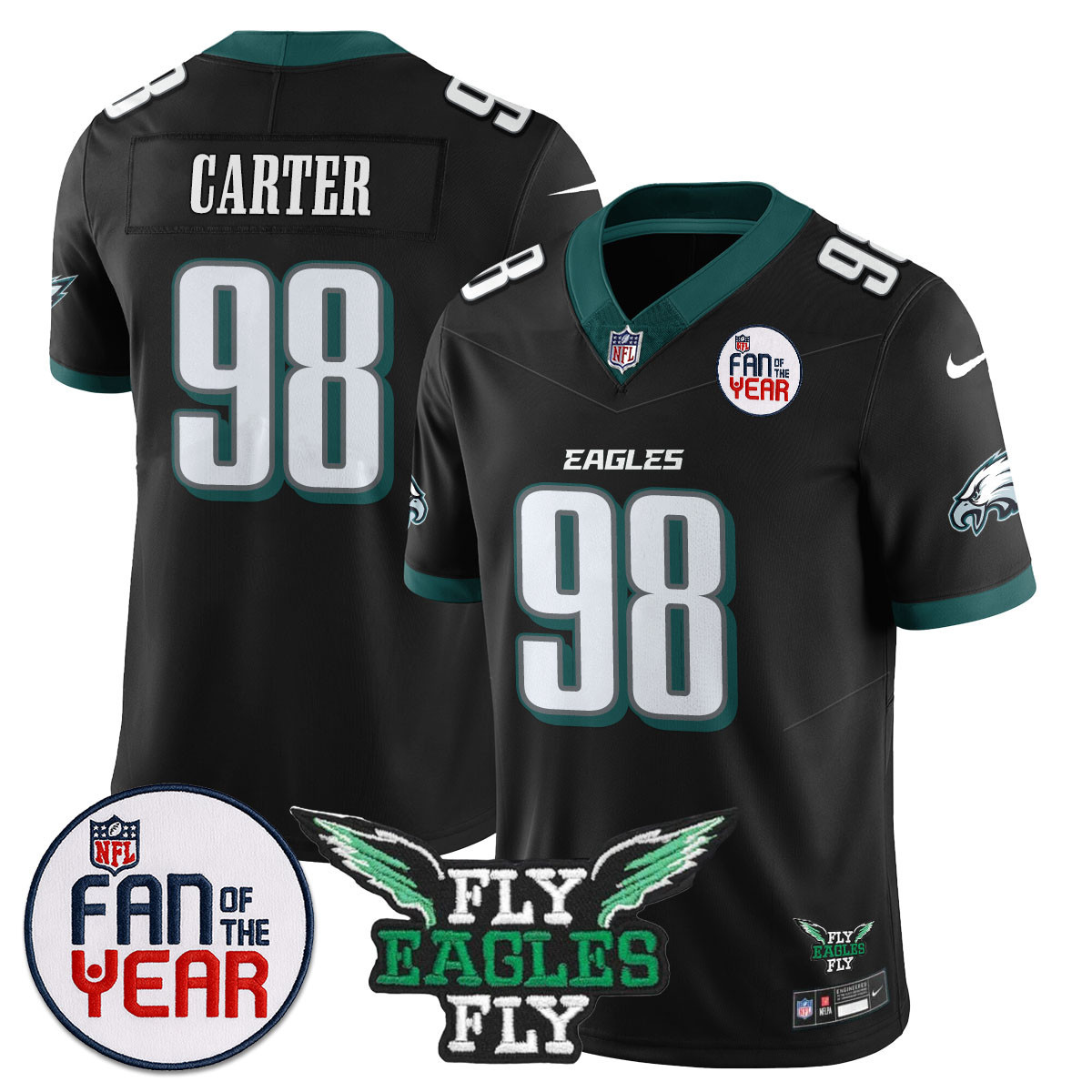 Women’s Philadelphia Eagles “Fan Of The Year” Jersey – All Stitched Black Jalen Carter – 98 Jersey