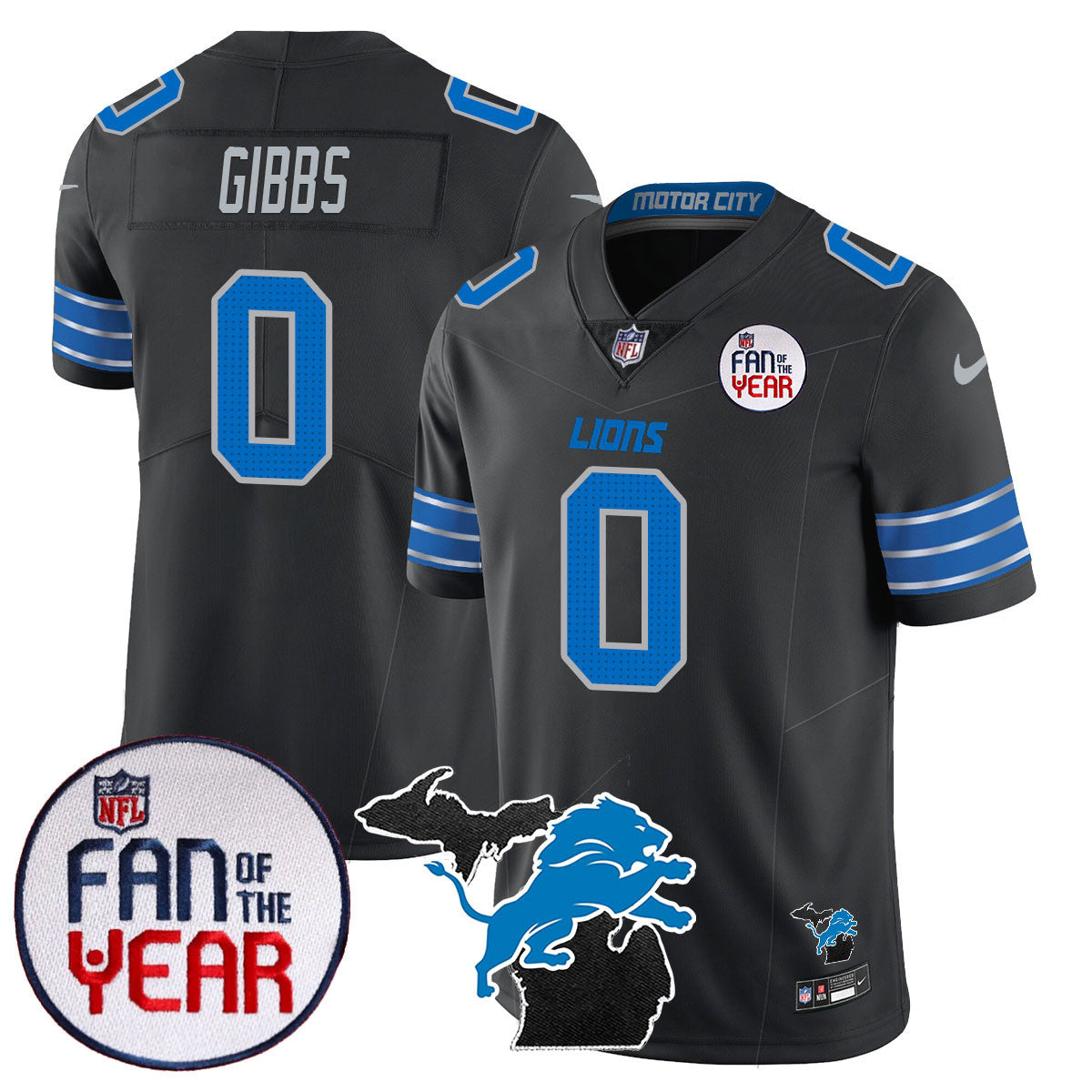Detroit Lions Fan Of The Year Jersey – All Stitched – Black – Jahmyr Gibbs – 0 Jersey