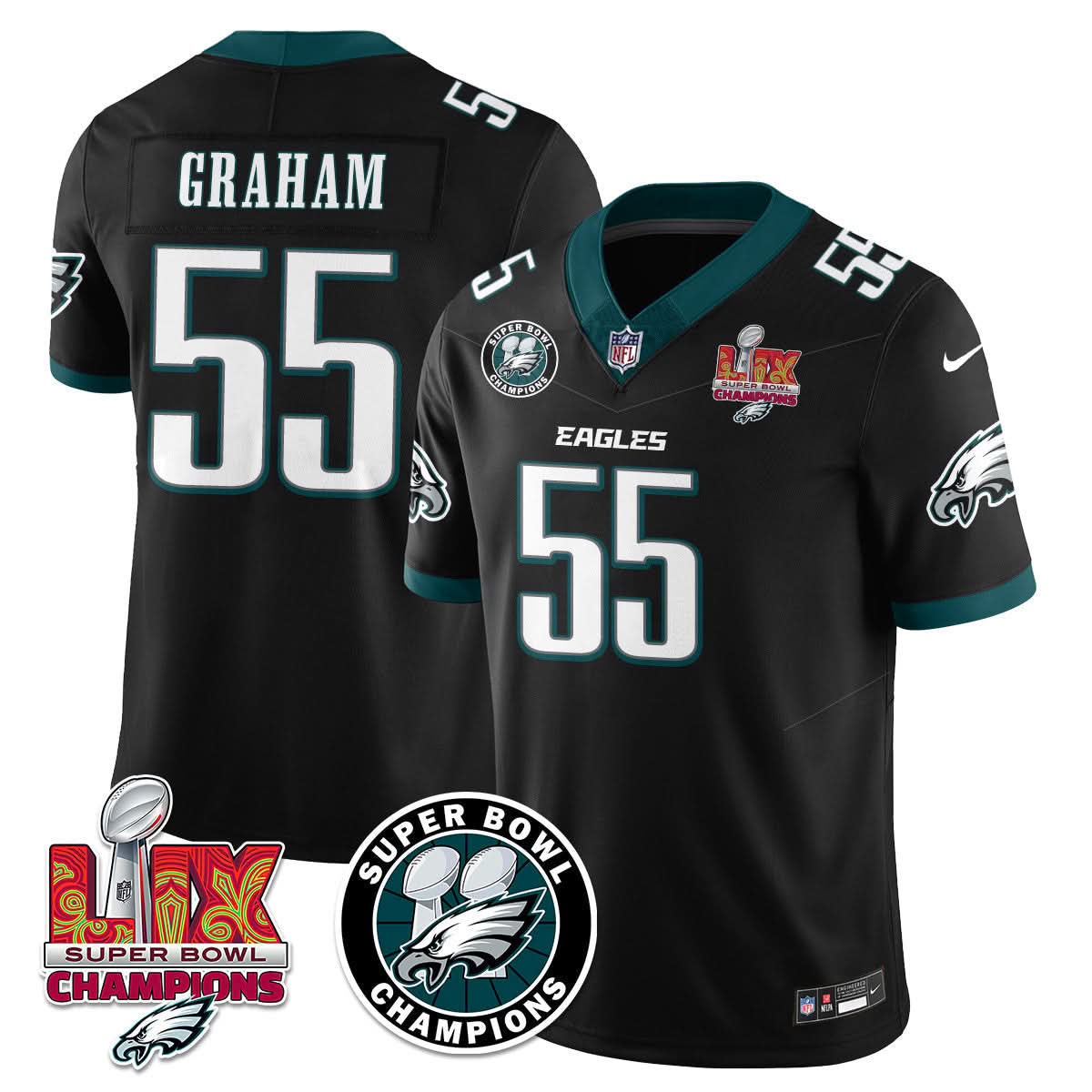 Philadelphia Eagles Super Bowl LIX Champions Jersey – All Stitched – Black – Brandon Graham – 55 Jersey