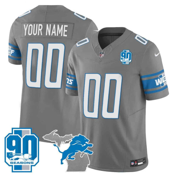 Detroit Lions 90th Year & Michigan Patch Custom Vapor Jersey – All Stitched – Men – Gray