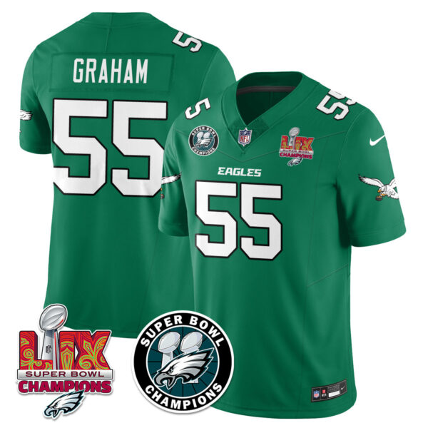 Men’s Philadelphia Eagles Super Bowl LIX Champions Jersey – All Stitched Kelly Green Brandon Graham – 55 Jersey