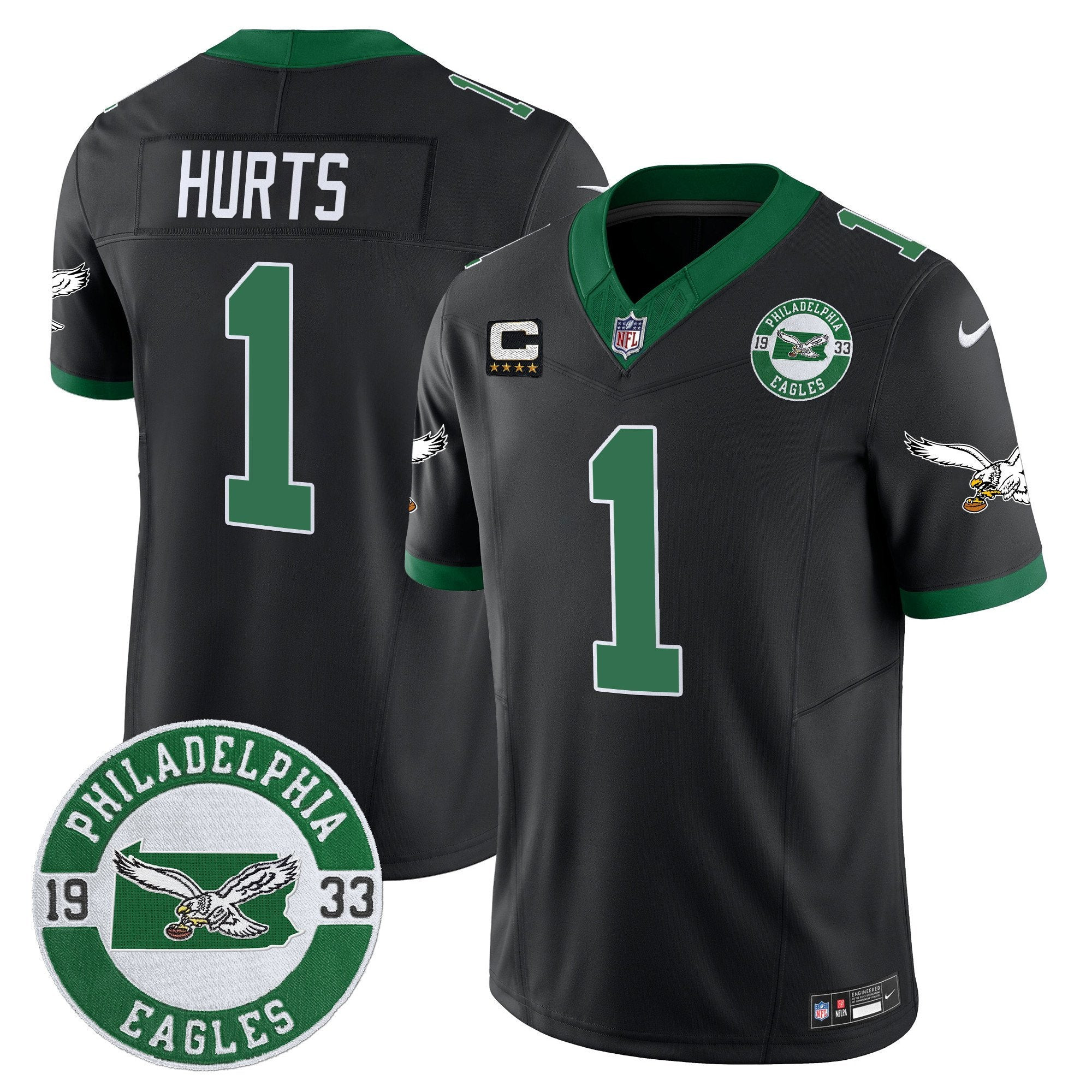 Philadelphia Eagles 2024 Throwback Vapor Limited Jersey – Est. 1933 Patch – All Stitched – Black – Jalen Hurts Jersey