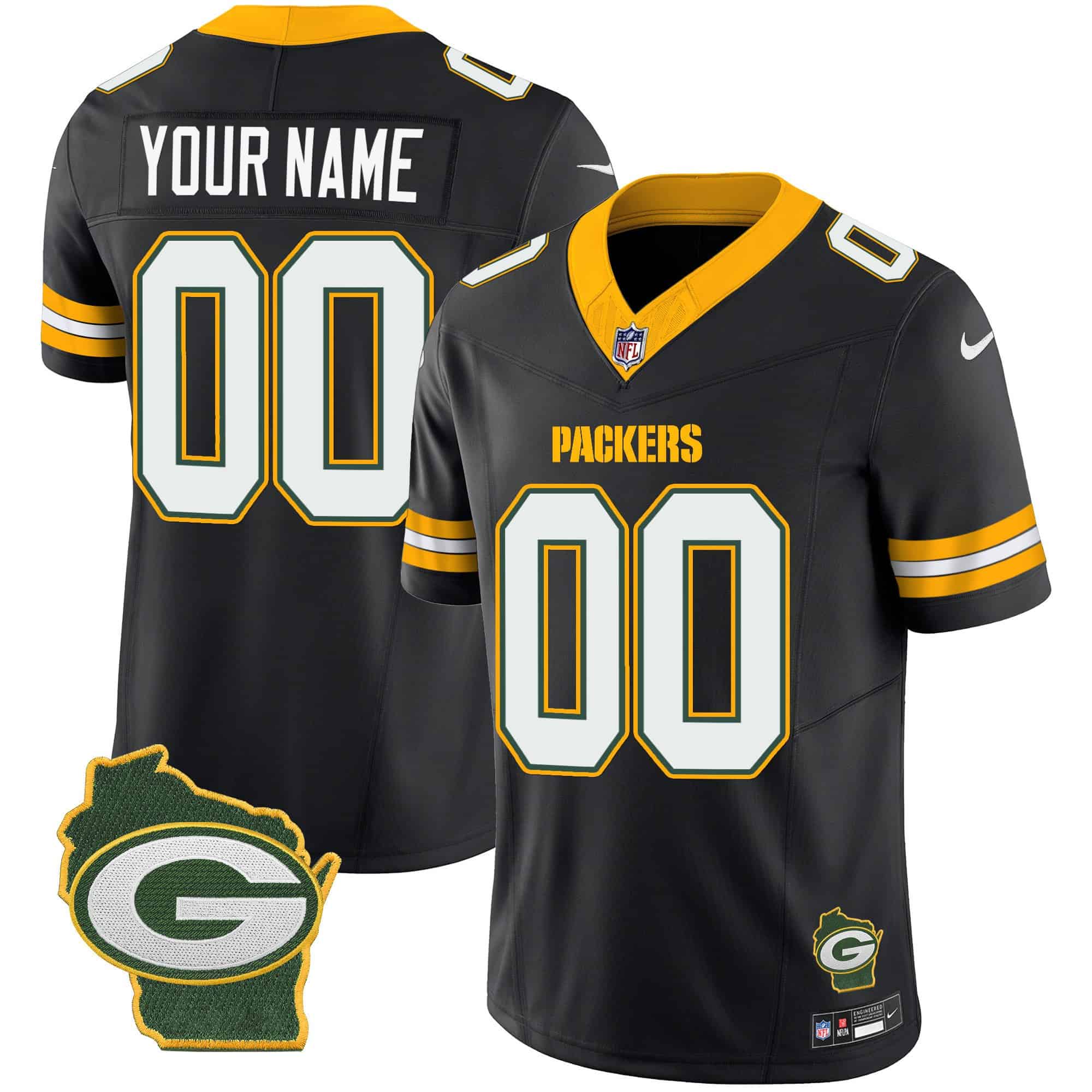Packers Home Patch Vapor Custom Jersey V3 – All Stitched – Men – Black